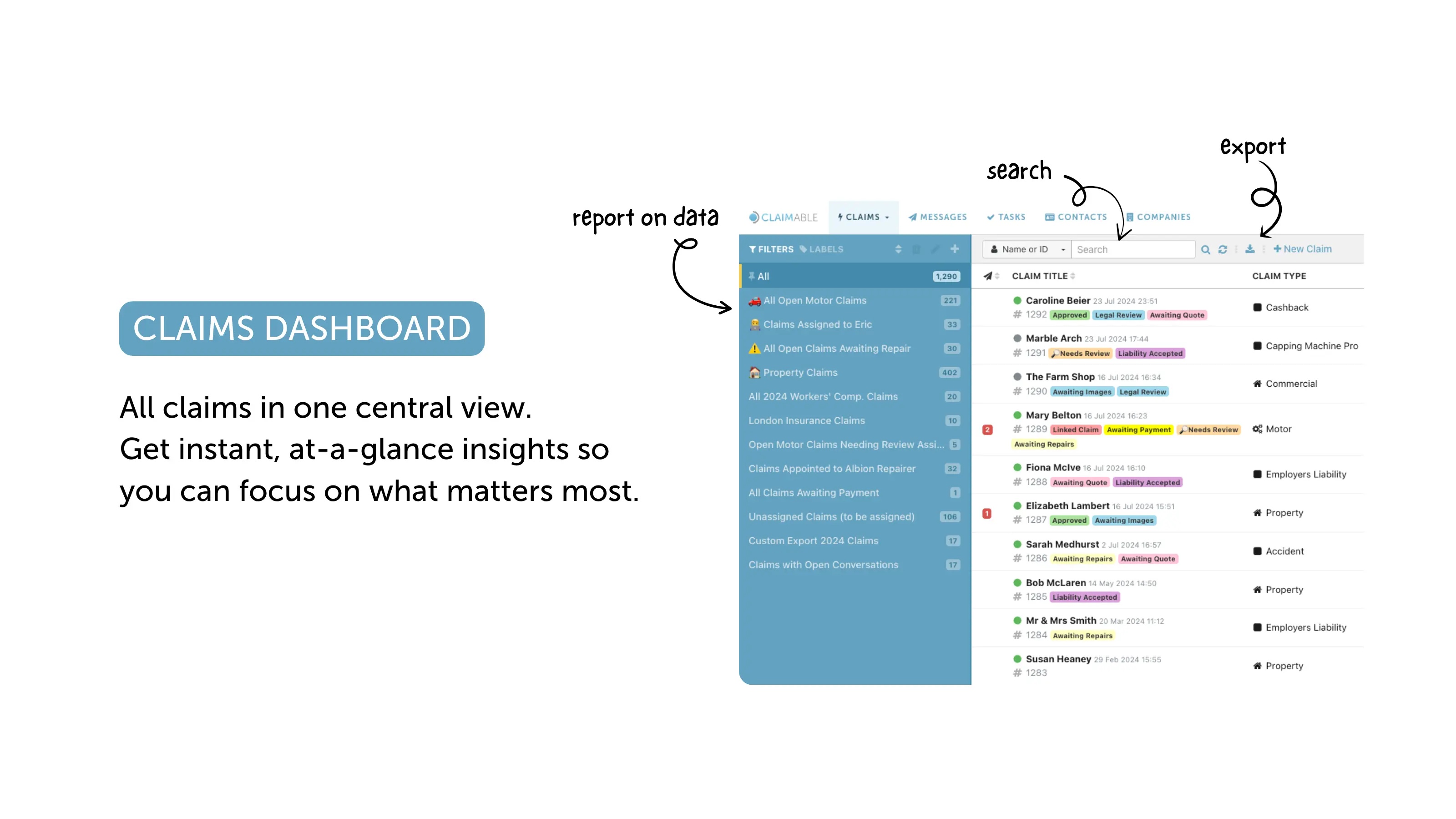 Claims dashboard for instant and at-a-glance insights.
