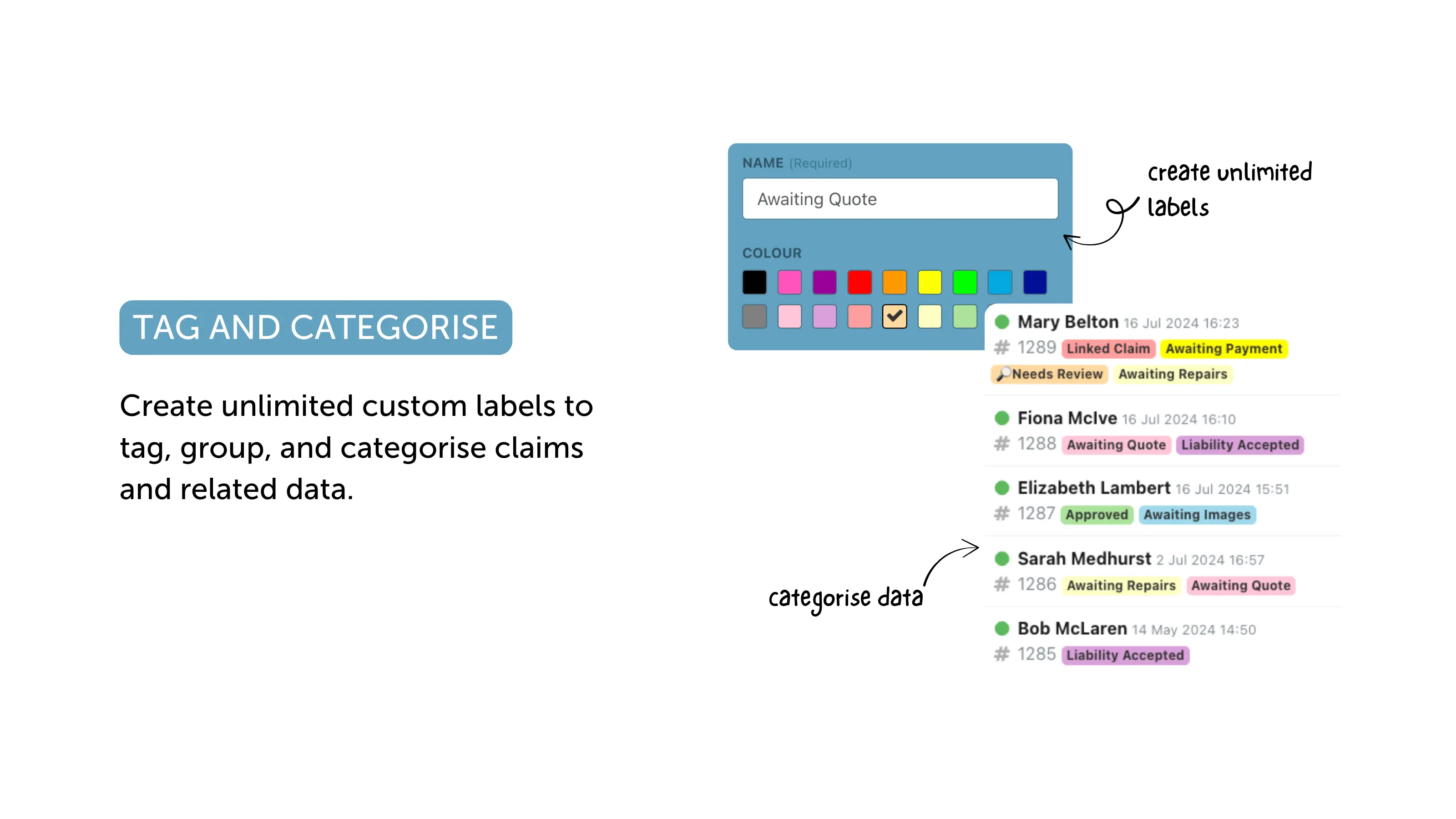 Unlimited custom labels to tag, group, and categorise claims.