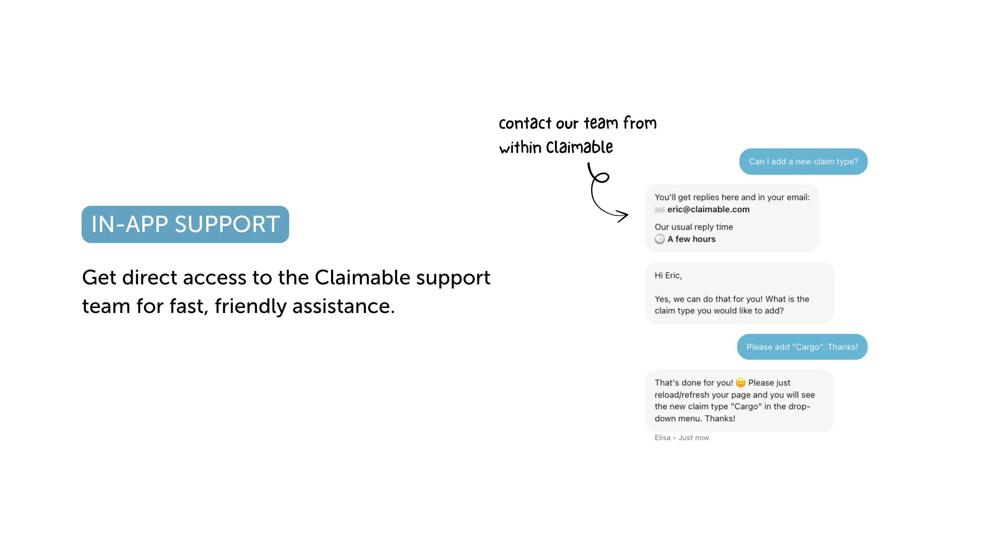 In-app support chat with Claimable team assistance.