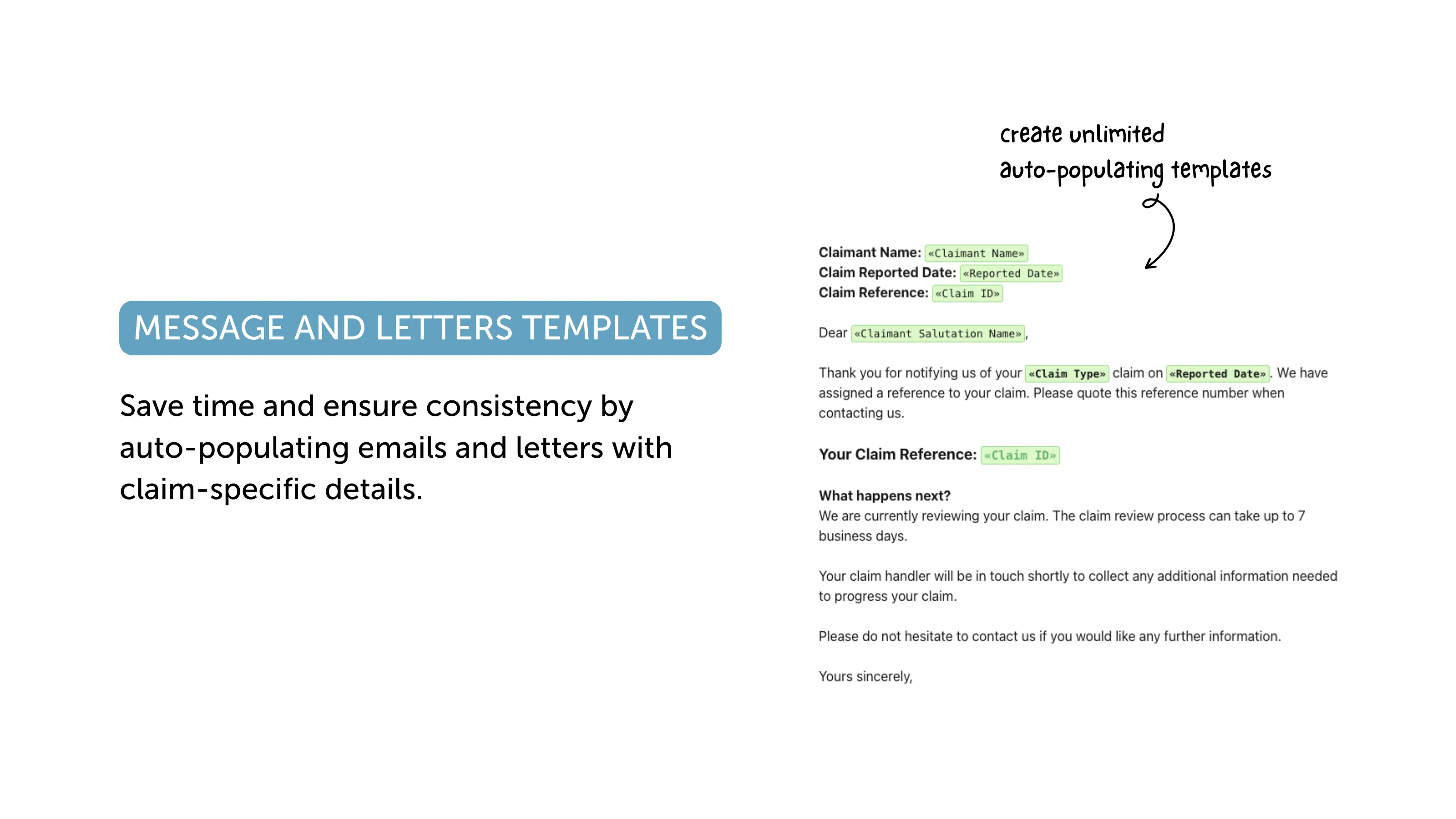 Email template auto-populated with claim-specific details.