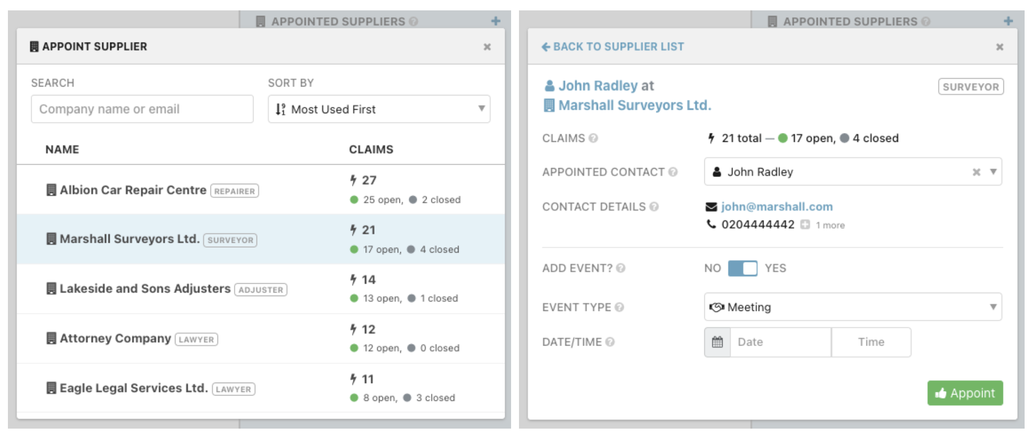 Screenshots showing how to appoint a supplier to a claim using Claimable.