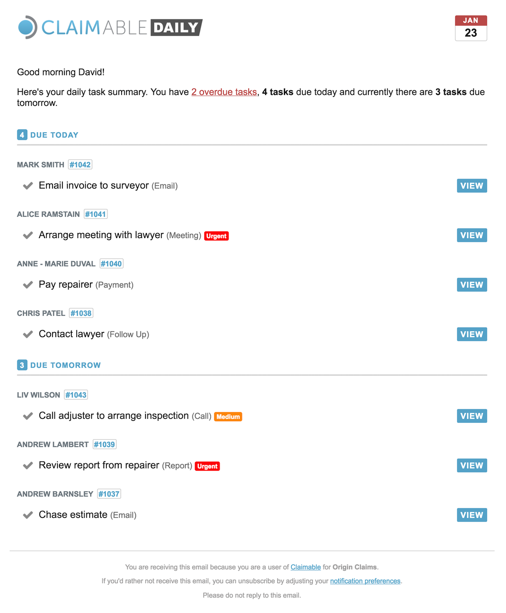 An example of the Claimable Daily, a daily email reminder of tasks that need to be completed.