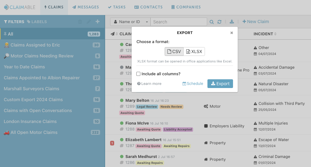 A screenshot showing how to export data in Claimable.