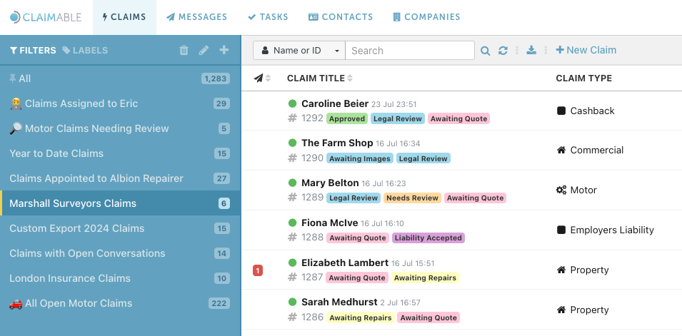 An overview of custom filters and reports within a Claimable account.