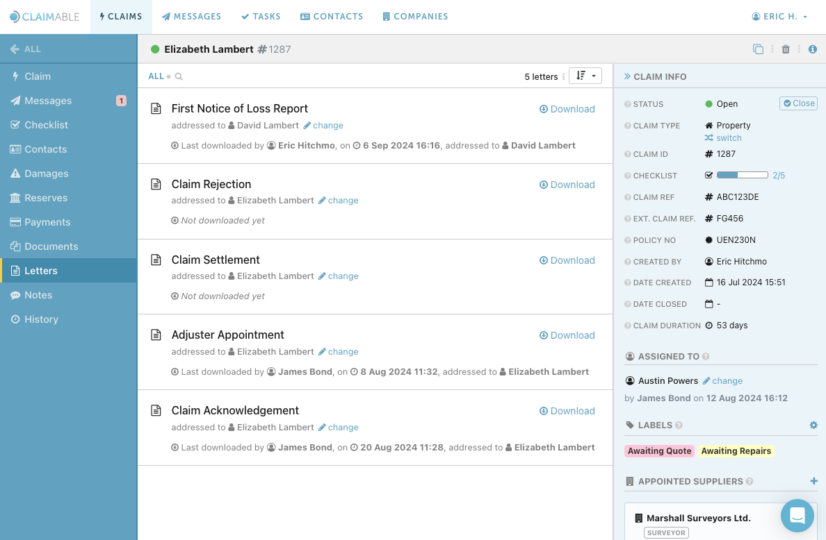 An example of the Claimable software's Letters functionality.