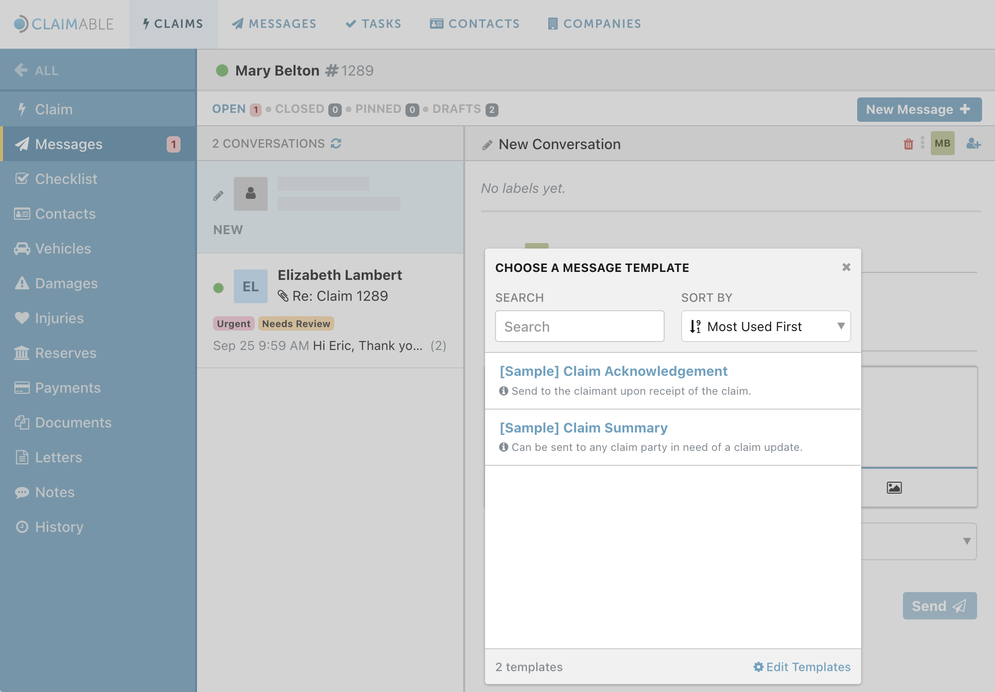 How Message Templates are shown in the Claimable claims management software.