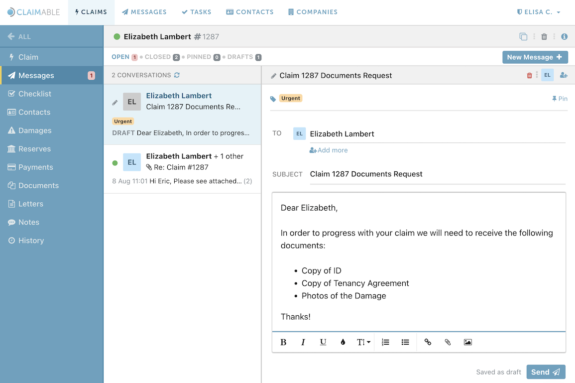 An example of a Message sent from the Claimable interface.