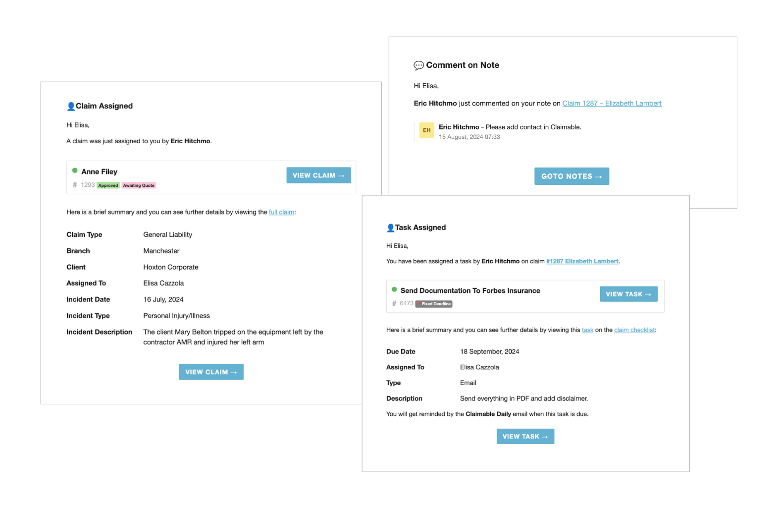 A few examples of notification emails from Claimable.