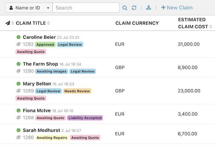 An example of multiple claims using different currencies in a Claimable account.