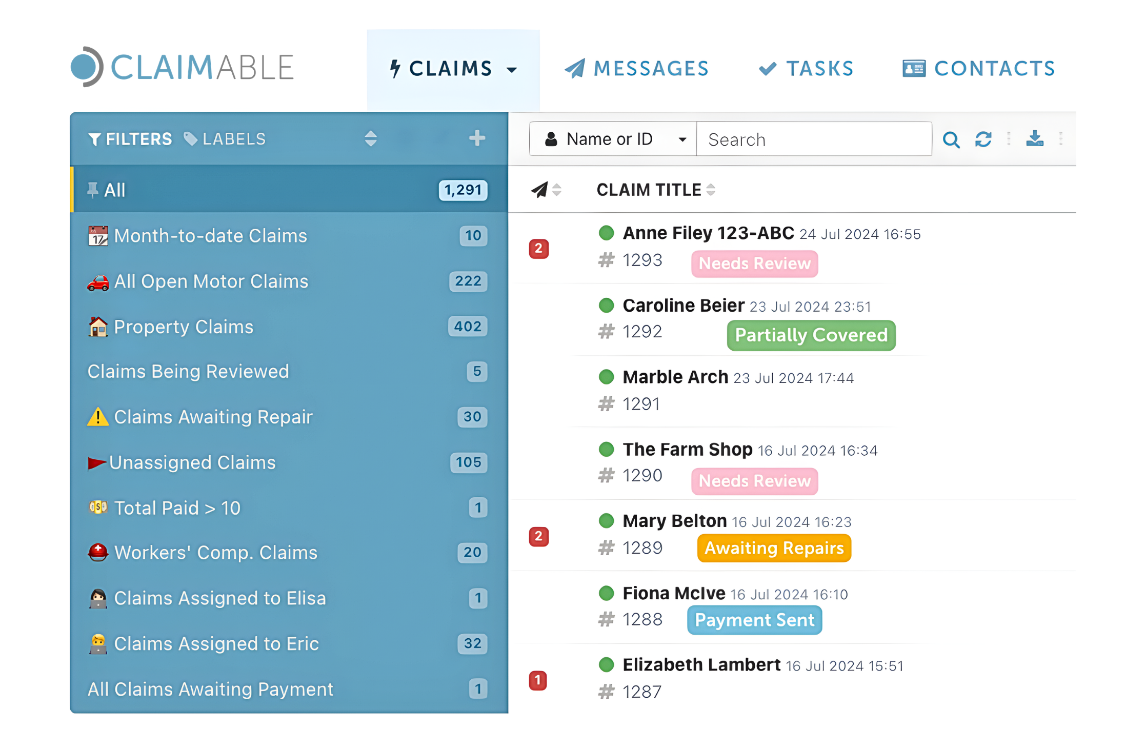 Centralised claims dashboard for in-house teams showing claim status and workloads