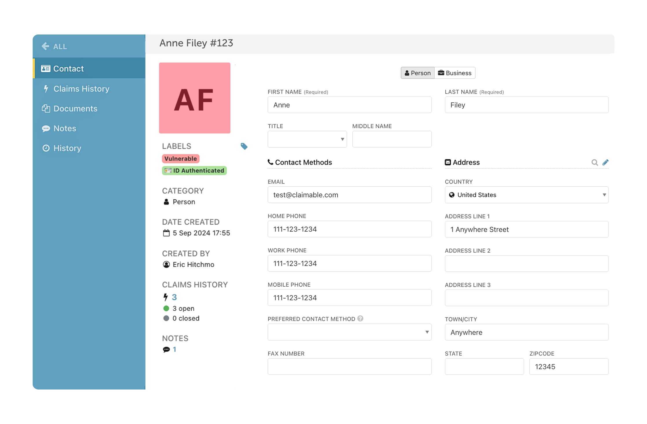 Claim-focused CRM showing contact history for in-house claims teams