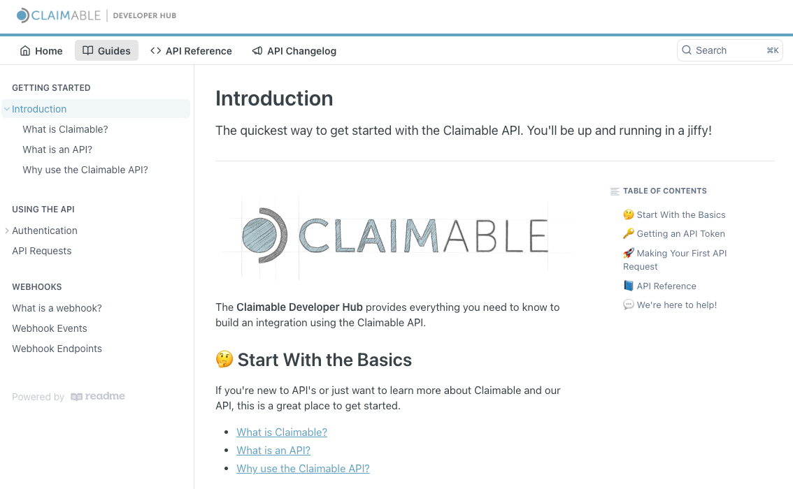 A few screenshots of Claimable claims management software API documentation.