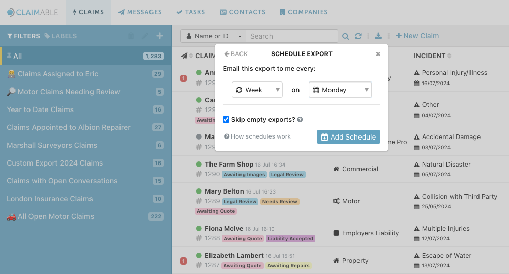 A screenshot of Claimable scheduling exports functionality.