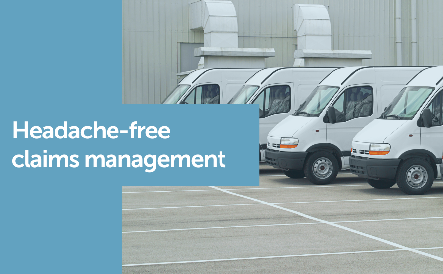 A picture of a fleet of vehicles with the banner: Headaches-free claims management. Claimable claims management software.